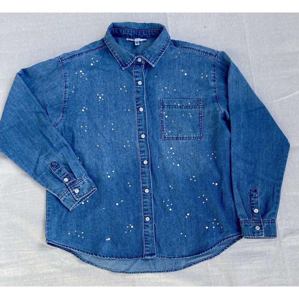 Seven7 Women’s Medium Denim Button Down Shirt Rhinestone Studded Y2K Style